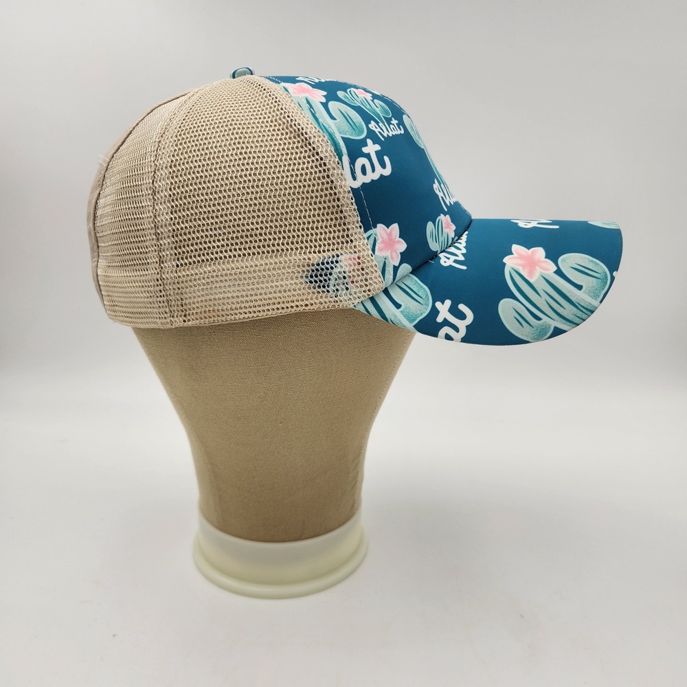 Womens Cactus Print Ponytail Trucker Hat Teal Tan Mesh Baseball Cap EUC - Picture 4 of 10